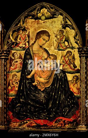 La Madonna dell'umiltà 1423 di Gregorio di Cecco, ( Madonna che allatta il Bambino circondato da angeli musicisti. ) La pala d'altare, che Duccio dipinse dal 1308 al 1311, Cattedrale Metropolitana di Santa Maria Assunta - Duomo di Siena, 1215 e 1348, 13th ° secolo, Toscana, Italia, Italiano, gotico, romanico, classico. ( Duccio di Buoninsegna, 1255–1260 deceduto 1318–1319 ) Foto Stock