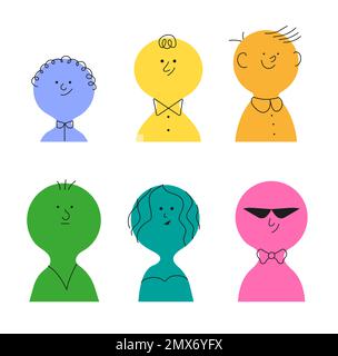 Colorful cute bambini faccia Set vettore. Teste del timone divertenti sorridenti, felici. Confezione di adesivi per bambini per i social media. Illustrazione Vettoriale