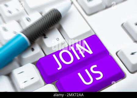 Mostra segni Unisciti a noi. Word written on Registrati nella community Team o blog Iscriviti ai social media Foto Stock