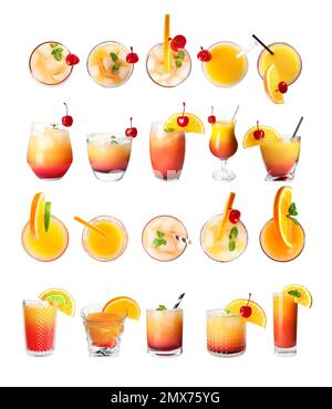 Set di cocktail Tequila Sunrise su sfondo bianco Foto Stock