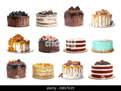 Set di diverse deliziose torte isolate sul bianco Foto Stock