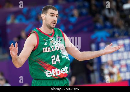 Tbilisi, Georgia, 6 settembre 2022. Andrey Ivanov di Bulgaria reagisce durante la FIBA EuroBasket 2022, una partita tra Georgia e Bulgaria alla Tbilisi Arena di Belgrado, Serbia. Settembre 6, 2023. Credito: Nikola Krstic/Alamy Foto Stock