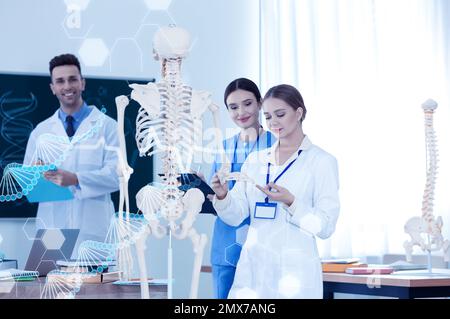 Studenti di medicina che studiano anatomia scheletrica umana in classe Foto Stock