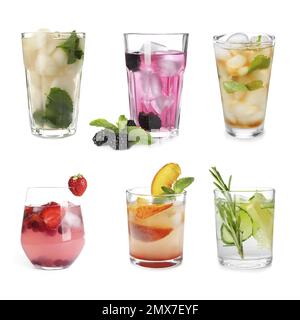 Allestite con diversi cocktail rinfrescanti su sfondo bianco Foto Stock