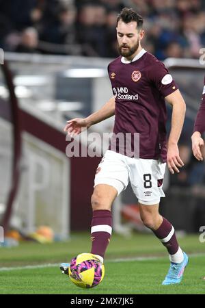 Edimburgo, Scozia, 1st febbraio 2023. Orestis Kiomourtzoglou of Hearts durante la partita Cinch Premiership al Tynecastle Park, Edimburgo. L'immagine di credito dovrebbe essere: Neil Hanna / Sportimage Foto Stock