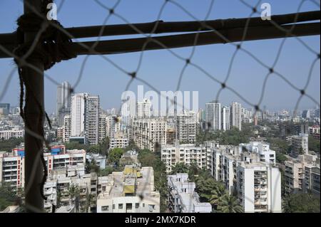 INDIA, Mumbai, torre di appartamenti in fase di ristrutturazione, impalcatura con pali di bambù legati con corde di iuta / INDIEN, Mumbai, Wohnhaus mit Baugerüst aus Bambus Foto Stock