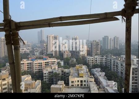 INDIA, Mumbai, torre di appartamenti in fase di ristrutturazione, impalcatura con pali di bambù legati con corde di iuta / INDIEN, Mumbai, Wohnhaus mit Baugerüst aus Bambus Foto Stock