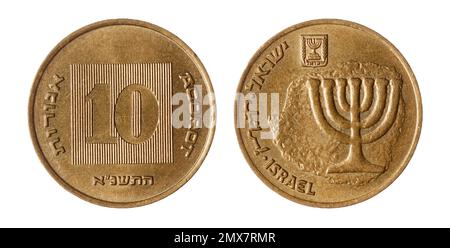 Entrambi i lati della moneta israeliana Agorot del 10, che riproduce una moneta emessa da Mattathias Antigonus (37 - 40 a.C.) con il candelabro a sette ramificazioni. Foto Stock