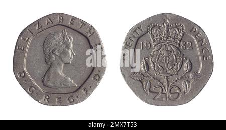Entrambi i lati della moneta da pence britannica del 20 (1982) con il ritratto della regina Elisabetta II sull'obverso e Tudor incoronato si alzò al contrario. Foto Stock