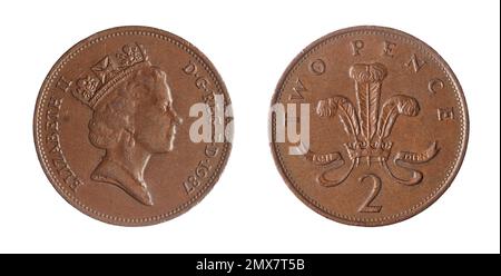 Entrambi i lati della moneta da pence britannica del 2 (1987) con ritratto coronato della regina Elisabetta II, indossando il Diadem di Stato di Giorgio IV. Foto Stock