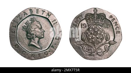 Entrambi i lati della moneta da pence britannica del 20 (1987) con ritratto incoronato della regina Elisabetta II e Tudor incoronato si alzarono al contrario. Foto Stock