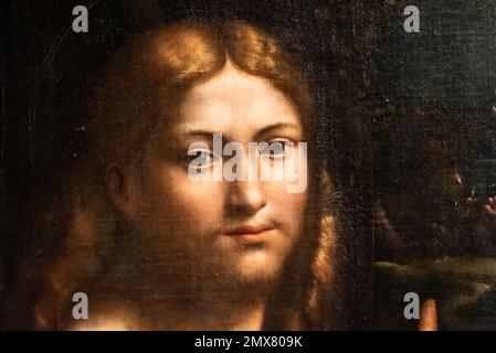 Primo piano sul ritratto rinascimentale di un giovane e biondo Gesù Cristo Foto Stock