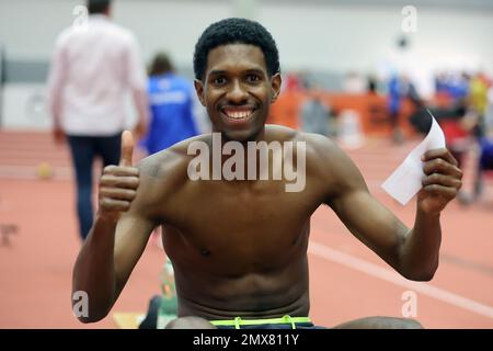 Ostrava, Repubblica Ceca. 02nd Feb, 2023. Lester Lescay, di Cuba, ha vinto una gara di salto lungo durante la riunione di atletica indoor di gala ceca della categoria argento del World Indoor Tour, il 2 febbraio 2023, a Ostrava, Repubblica Ceca. Credit: Petr Sznapka/CTK Photo/Alamy Live News Foto Stock