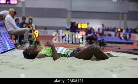 Ostrava, Repubblica Ceca. 02nd Feb, 2023. Lester Lescay, di Cuba, ha vinto una gara di salto lungo durante la riunione di atletica indoor di gala ceca della categoria argento del World Indoor Tour, il 2 febbraio 2023, a Ostrava, Repubblica Ceca. Credit: Petr Sznapka/CTK Photo/Alamy Live News Foto Stock