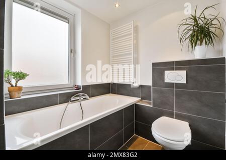 Interno di bagno moderno con vasca e vaso pianta sul davanzale vicino al water ciotola contro le pareti piastrellate Foto Stock