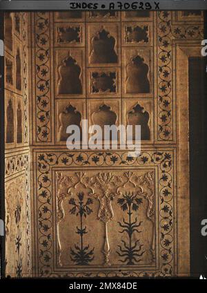 Delhi, Indes Muro decorato con pietra dura e Jali nel palazzo privato (Khas Mahal) del Forte Rosso (Lal Qila) , 1913-1914 - India, Pakistan - Stéphane Passet - (dicembre 16 - gennaio 29) Foto Stock