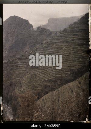 Reel, Alpes-Maritimes, Francia visto lontano dalla cappella di Notre-Dame de la Menour , 1912 - Alpes-Maritimes, Cap Martin - Auguste Léon - (Mars) Foto Stock