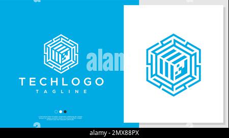 Modello digitale con logo astratto esagonale. Branding del logo della tecnologia pixel. Illustrazione Vettoriale