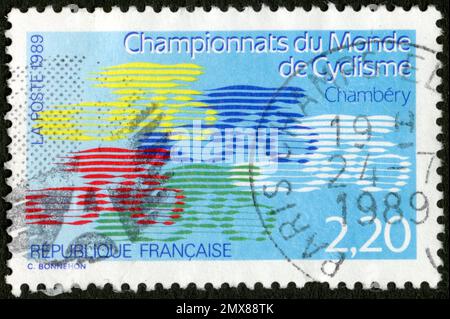 TIMBRE OBLITÉRÉ CHAMPIONNATS DU MONDE DE CYCLISME. CHAMBÉRY. RÉPUBLIQUE FRENCH. LA POSTE 1989. 2,20 Foto Stock
