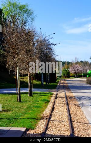 Ferrovia e ciottoli al parco tra gli alberi in una giornata di sole primavera Foto Stock