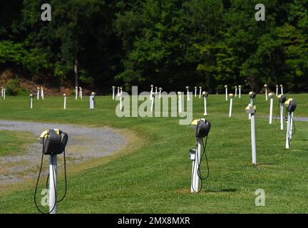 I pali bianchi puntano l'area parcheggio all'interno del Drive in Movie. Due altoparlanti sono appesi su ciascun polo e pronti per l'inizio del film. Foto Stock