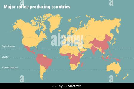 Mappa mondiale con i principali paesi produttori di caffè Foto Stock