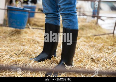 Primo piano degli stivali in gomma nera Foto Stock