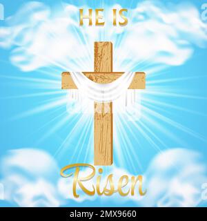 È Risorto. Pasqua. Croce cristiana brillante e copertura su uno sfondo cielo blu. Design religioso. Cartolina con Domenica delle Palme, Pasqua, Risurrezione di Illustrazione Vettoriale
