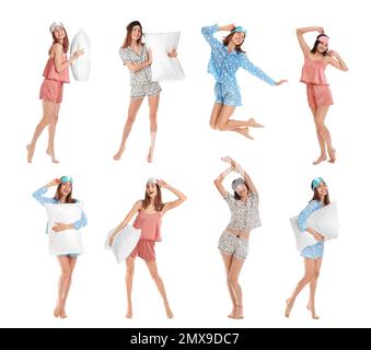 Collage di donne con maschere del sonno su sfondo bianco. Ora di coricarsi Foto Stock