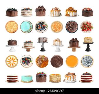 Set di diverse deliziose torte isolate sul bianco Foto Stock