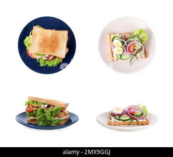 Set di diversi sandwich yummy su sfondo bianco Foto Stock