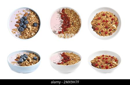 Set di diverse colazioni al granola con frutti di bosco su sfondo bianco Foto Stock