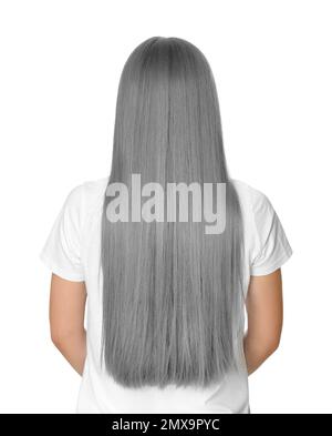 Donna con capelli grigi su sfondo bianco, vista posteriore Foto Stock