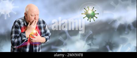 Virus respiratorio che colpisce l'uomo anziano su sfondo sfocato Foto Stock