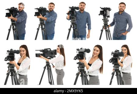 Collage di operatori con videocamere professionali su sfondo bianco. Design del banner Foto Stock