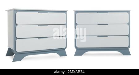 Cassettiere moderne su sfondo bianco Foto Stock