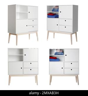 Collage di moderni armadi su sfondo bianco Foto Stock