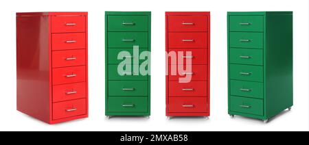 Collage con cassettiere luminose su fondo bianco. Design del banner Foto Stock