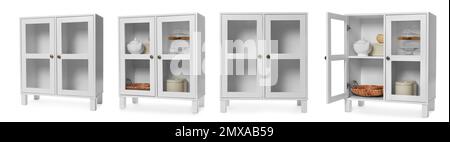 Collage di moderni armadi su sfondo bianco. Design del banner Foto Stock