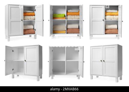 Collage di moderni armadi su sfondo bianco Foto Stock