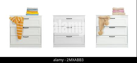 Collage con cassettiere su fondo bianco. Design del banner Foto Stock