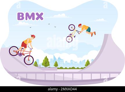 BMX Bicycle Sport Illustrazione con i giovani biciclette Equitazione per Banner Web o Landing Page in Flat Cartoon Hand Drawing background Template Illustrazione Vettoriale