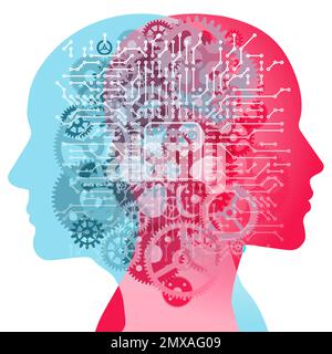 Silhouette da 2 persone con forma a ingranaggi semitrasparente. Una CPU e un circuito stampato elettronico sono posizionati centralmente. Foto Stock