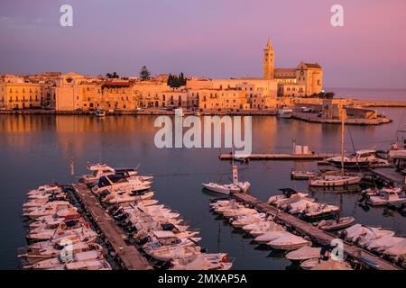 Vista del porto turistico e della città vecchia di sera, Trani, Puglia, Trani, Puglia, Italia Foto Stock