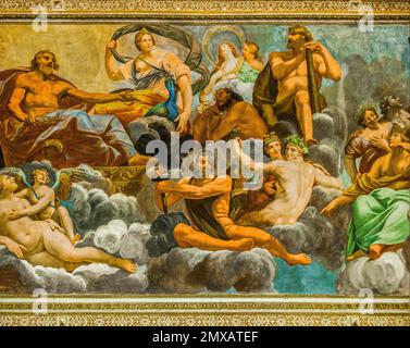 Consiglio degli dei, Sala degli specchi decorata con affreschi, Galleria degli specchi, 1618, Palazzo Duccale, Palazzo reale, Castello di San Giorgio, Mantova Foto Stock