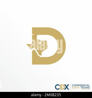 Font D lettera o parola con immagine mappa del Texas icona grafica logo disegno astratto concetto stock vettoriale. Può essere utilizzato come simbolo relativo all'area o all'iniziale. Illustrazione Vettoriale