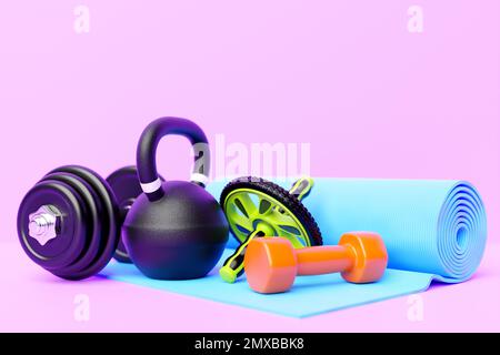 3d illustrazione delle attrezzature sportive per la palestra o per gli allenamenti a casa. Fitness e stile di vita sano. Manubri multicolore, pesi, tappeto sportivo, a Foto Stock