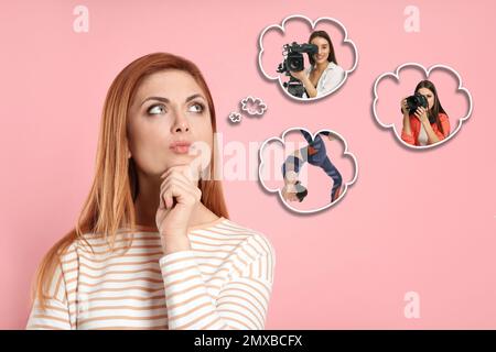 Donna premurosa scelta professione probabile su sfondo rosa Foto Stock