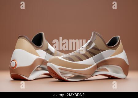 Sneaker sportive unisex in tela marrone con suole alte. illustrazione 3d Foto Stock