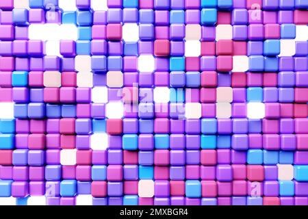 3D illustrazione di file di quadrati rosa e blu .Set di cubi su sfondo monocromo, pattern. Sfondo della geometria Foto Stock